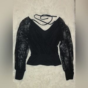 Black long lace sleeves tie back SHEIN